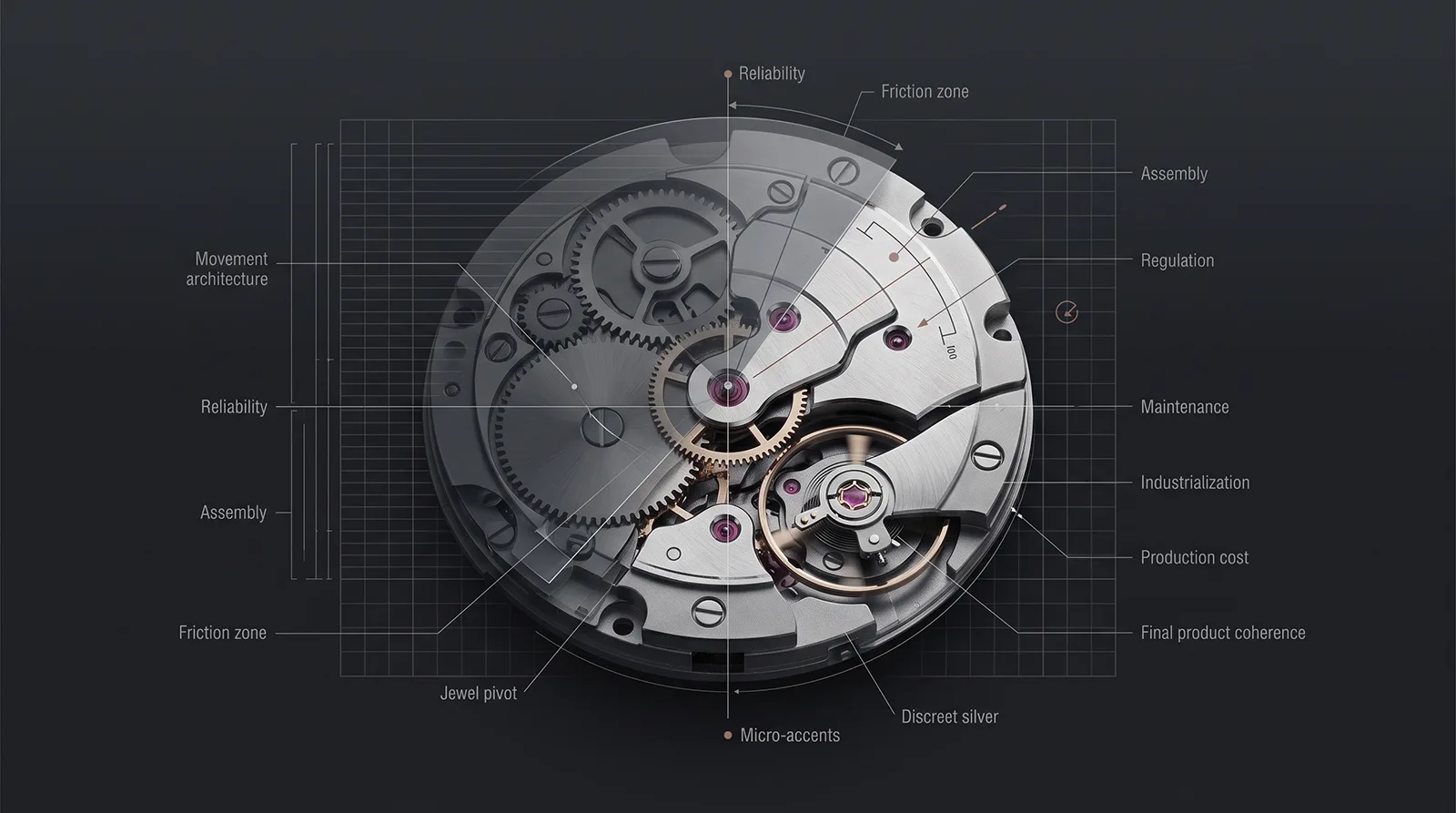 Mouvement horloger annoté avec grilles d’analyse et zones de diagnostic.