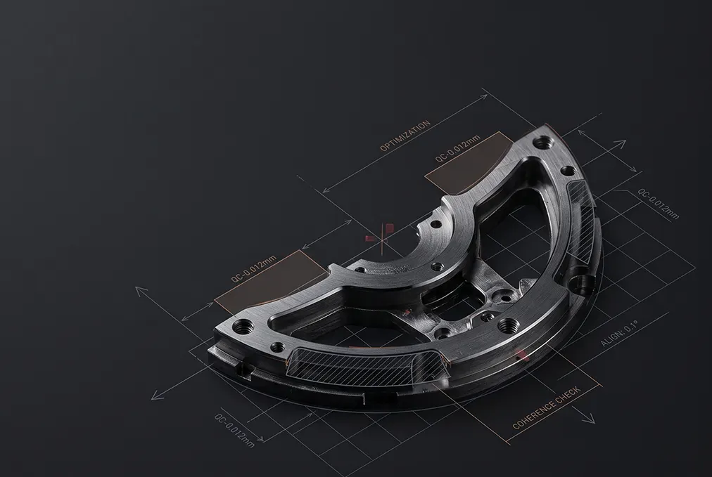 Pièce horlogère technique sur fond sombre avec repères de précision.